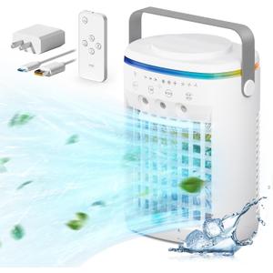 Portable Air Conditioner, Evaporative Air Cooler, 2-4-8H Timer Auto-Off &Remote, Water Tank, Three ultrasonic nozzles, 3-Speed Personal Air Conditioner Cooling Fan, White 