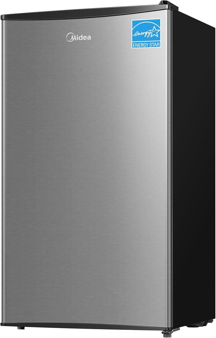 Midea MERM33S1AST Mini Fridge, 3.3 Cu.ft Compact Fridge with Internal Light, Adjustable Thermostat, Reversible Door, Low Noise for Dorm, Office, Bedroom, Stainless Steel (Silver)