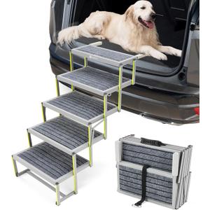 Veehoo Dog Stairs for Car, Aluminum Folding Dog Steps for Cars Truck and SUV, Portable Dog Car Ramp for Large Dogs with Non-Slip Surface, Supports Up to 200 Lb, 5 Steps (Grey- 5 Steps)