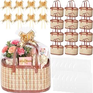 Reallnaive 12 Set Gift Basket Empty Woven Bamboo Storage Baskets with Clear Gift Bags Pull Bows Ribbon Foldable DIY Gifts Basket Kit with Handle for Baby Shower Housewarming