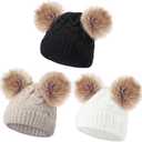 3 Pieces Baby Beanies Toddler Kids Hats Winter Double Pompom Beanies Caps Knitted for Girls Boys (One Size, Black, White, Khaki)