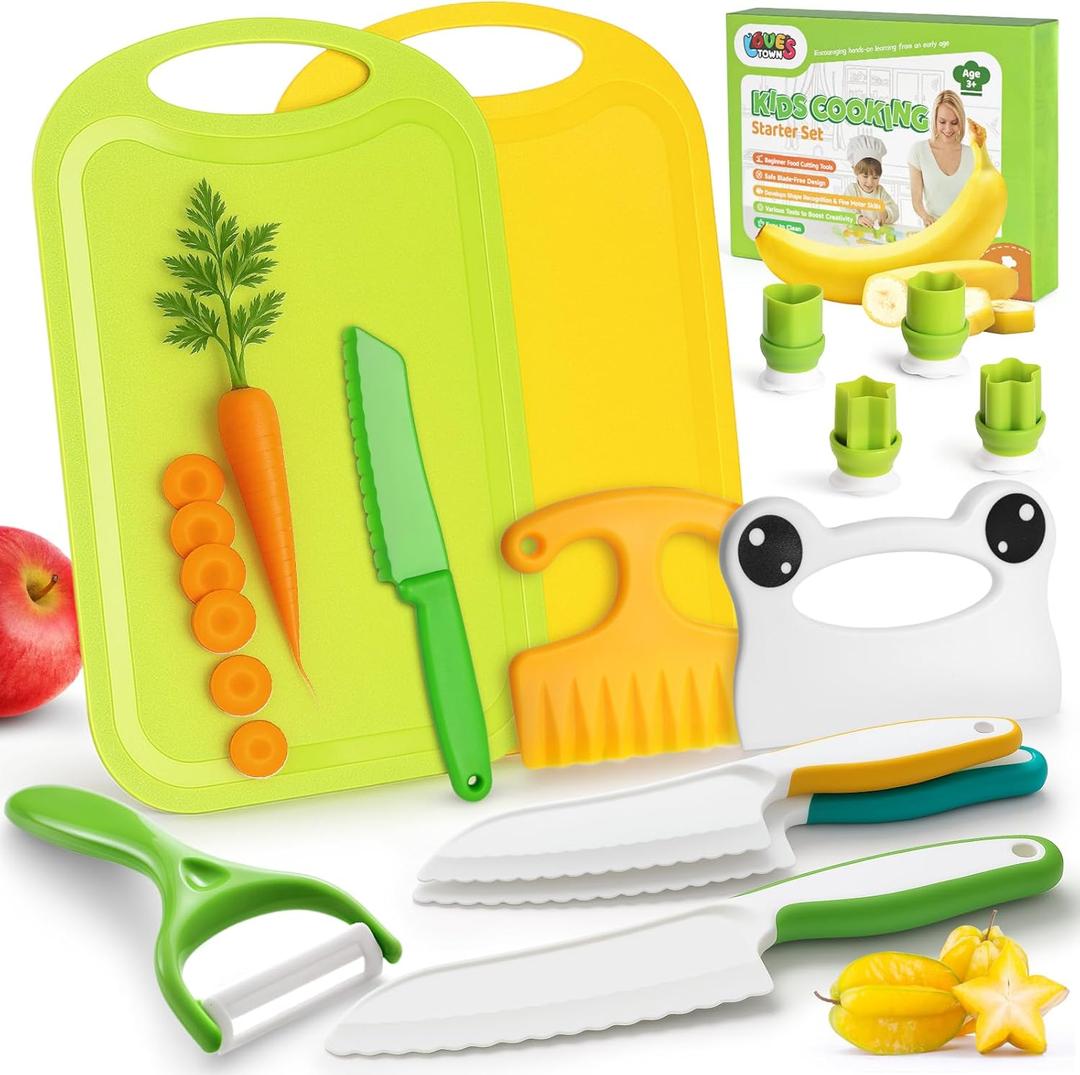 LovesTown 13PCS Kids Cooking Sets Real, Montessori Kitchen Toys for Toddler Kitchen Playset with Safe Knives Crinkle Cutter Gifts for 3-8