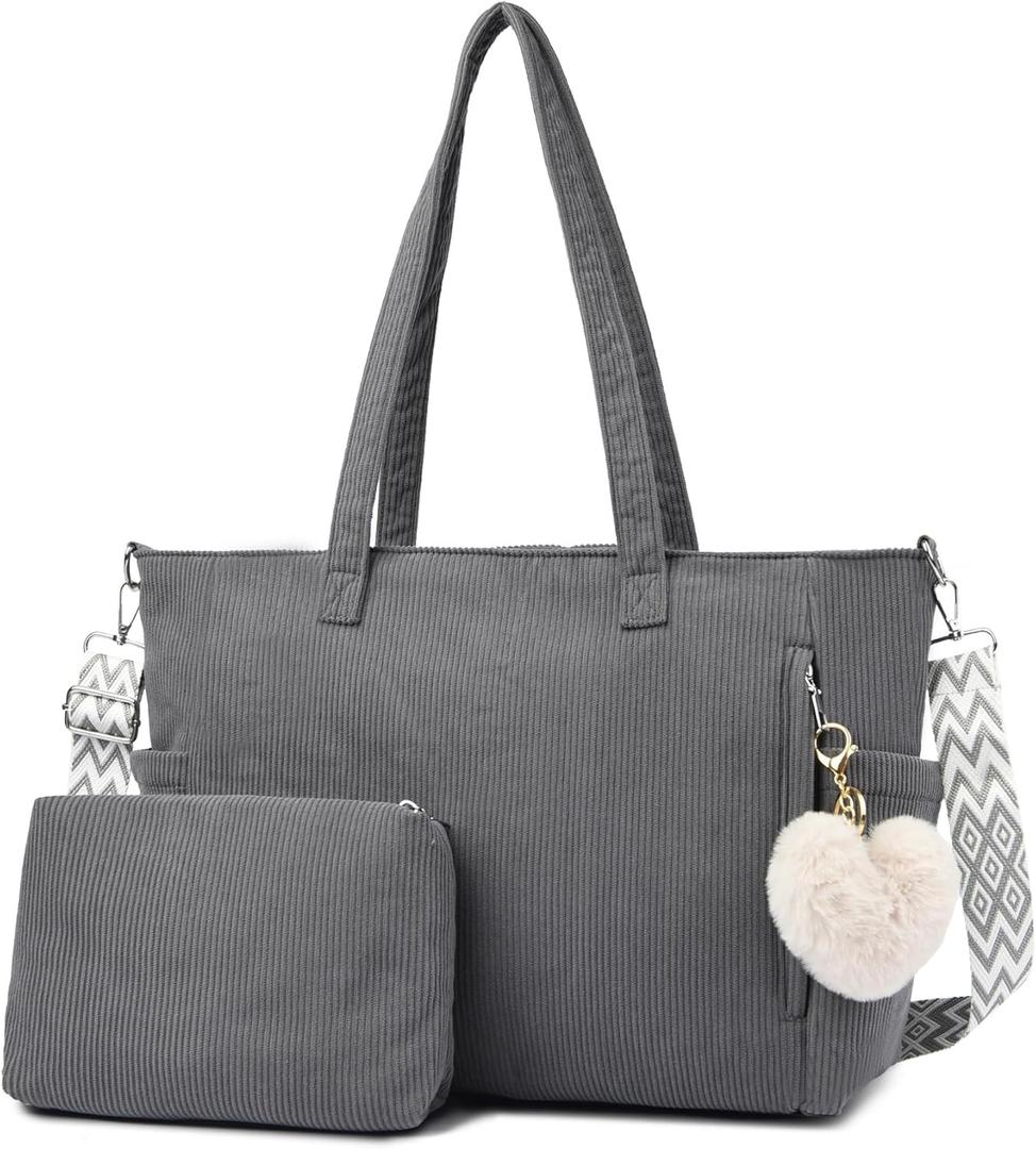 Makukke Corduroy Tote Bag, Large Shoulder Handbag with Pouch, Crossbody Bag for Work Travel Shopping (Gray)