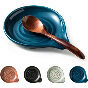 Spoon Holder, Ceramic Spoon Rest for Kitchen Counter Farmhouse Cooking, Large Utensil Rest for Spoons, Ladles, Tongs, Spatula, 5 Inches (Blue)