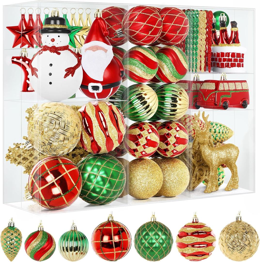 Alupssuc 100 Pcs Christmas Ball Ornaments Set, Santa Claus and Snowman Christmas Tree Decoration Baubles for Indoor Outdoor Holiday Wedding Party Decoration Tree with Hanging Rope, Red & Green & Gold