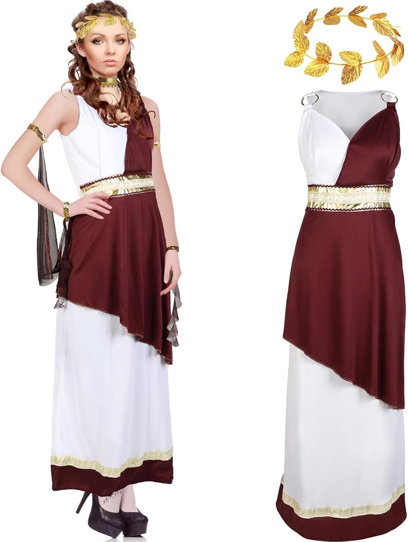Haysandy 5 Pcs Greek Costume Womens Toga Costume Roman Women Adult with Roman Leaf Wreath Set for Halloween Carnival Party (X-Large)