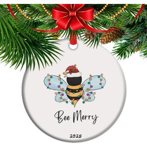 Be Merry Ceramic Christmas Ornament, Bee Lover Gift, Xmas Tree Trimming Party, Bee Keeper (C10)