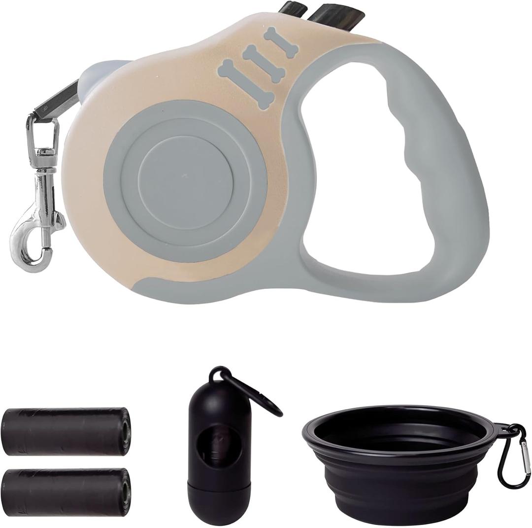 Retractable Dog Leash Automatic Telescopic Tractor Dog Tape, Pet Tape 10/16 FT Durable and Convenient, with Folding Bowl, Dispenser, Rubbish Bags, Suitable for Small and Medium Dogs (Light Grey Set)