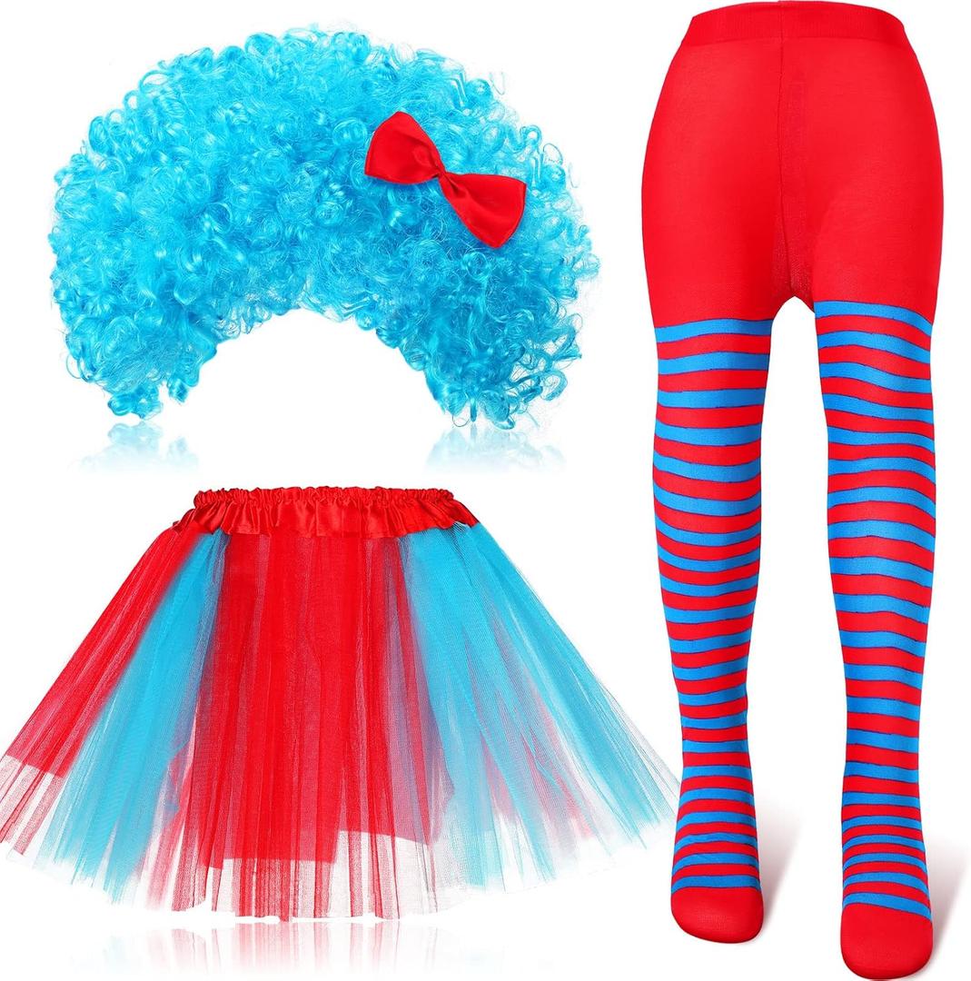 Janmercy 3 Pcs Tulle Tutu Costume Accessories Set Tutu Skirts Blue Wig Full Length Striped Tights Halloween Girls Costumes (2-8 Years)