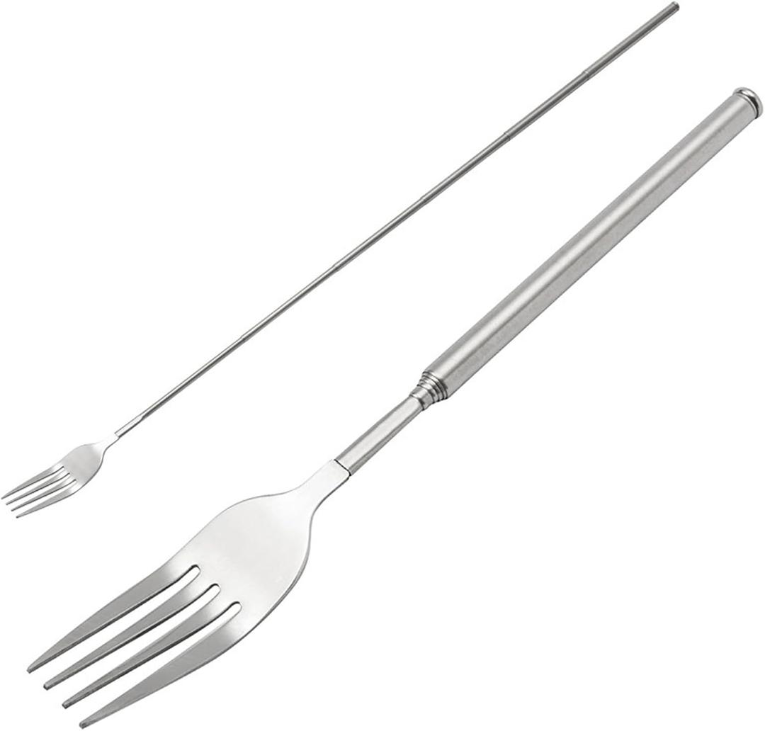 4 x Extendable Fork, Durable Stainless Steel Telescopic Fork Retractable Dinner Forks Dessert BBQ Dinner Fruit Long Handle Telescoping Fork Cutlery for Cooking 8.7-25.4Inch (One Dinner Fork)