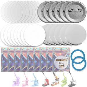 200 Sets 58mm (2.25 inch) Button Making Supplies for Your Round Button Maker Machine, Including Metal Covers, Metal pin Back Cover, Clear Plastic Film, Blank Paper, Gasket & Holographic Bags