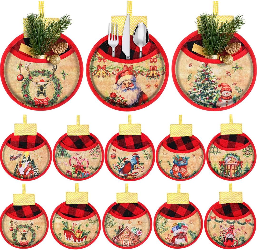 12Pcs Christmas Ball Pot Holders with Pocket 8 x 8 Inch, Xmas Ball Shaped Winter Hot Pads Oven Mitts Heat Resistant Potholders for Kitchen Gift Cooking Baking Holiday Decoration(Retro Charm)
