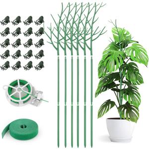6 Pack Plant Support Stakes for Indoor Plants, 39.37 Inch Twig Plant Sticks with Orchid Clips Twist Ties and Plant Ties for House Potted Monstera Plants, Plastic Branches Support Structures, Green