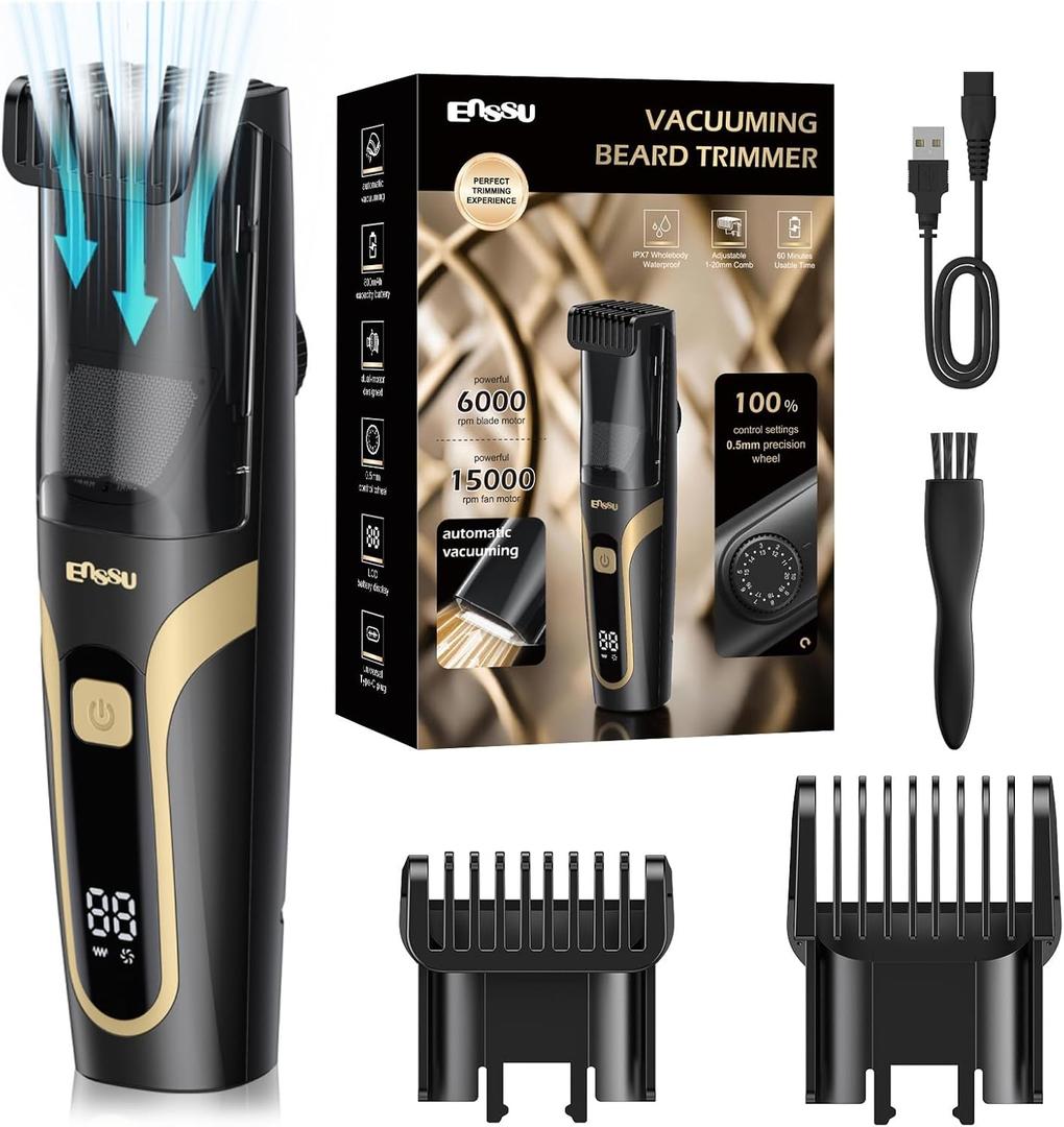 Beard Trimmer for Men - Electric Cordless Vacuum Mens Beard Trimmer with Adjustable 20 Length Setting,Waterproof Mustache Trimmer with Ceramic Blade for Precision Facial Hair (Black)