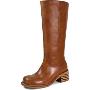 VBDB Women's Knee High Boots Square Toe Chunky Block Heel Long Boots for Women Comfortable Low Heel Womens Boots (Brown)
