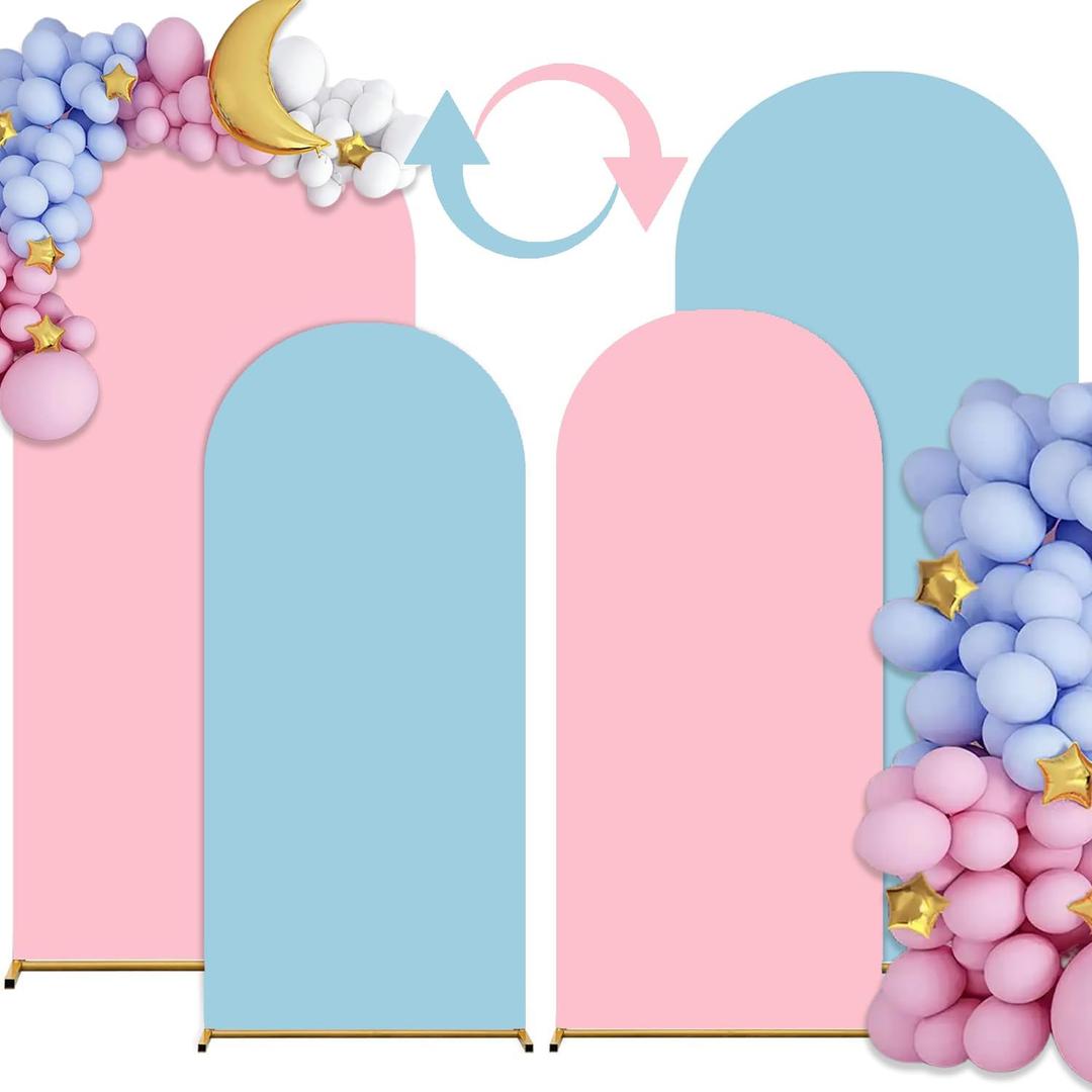 Arch Backdrop Cover Set of 2 (6FT/7.2FT) Double Color Wedding Gender Reveal Arch Cover Decorations Spandex Fitted Chiara Arch Backdrop Covers for Baby Shower Party Birthday Banquet (Pink+Blue)