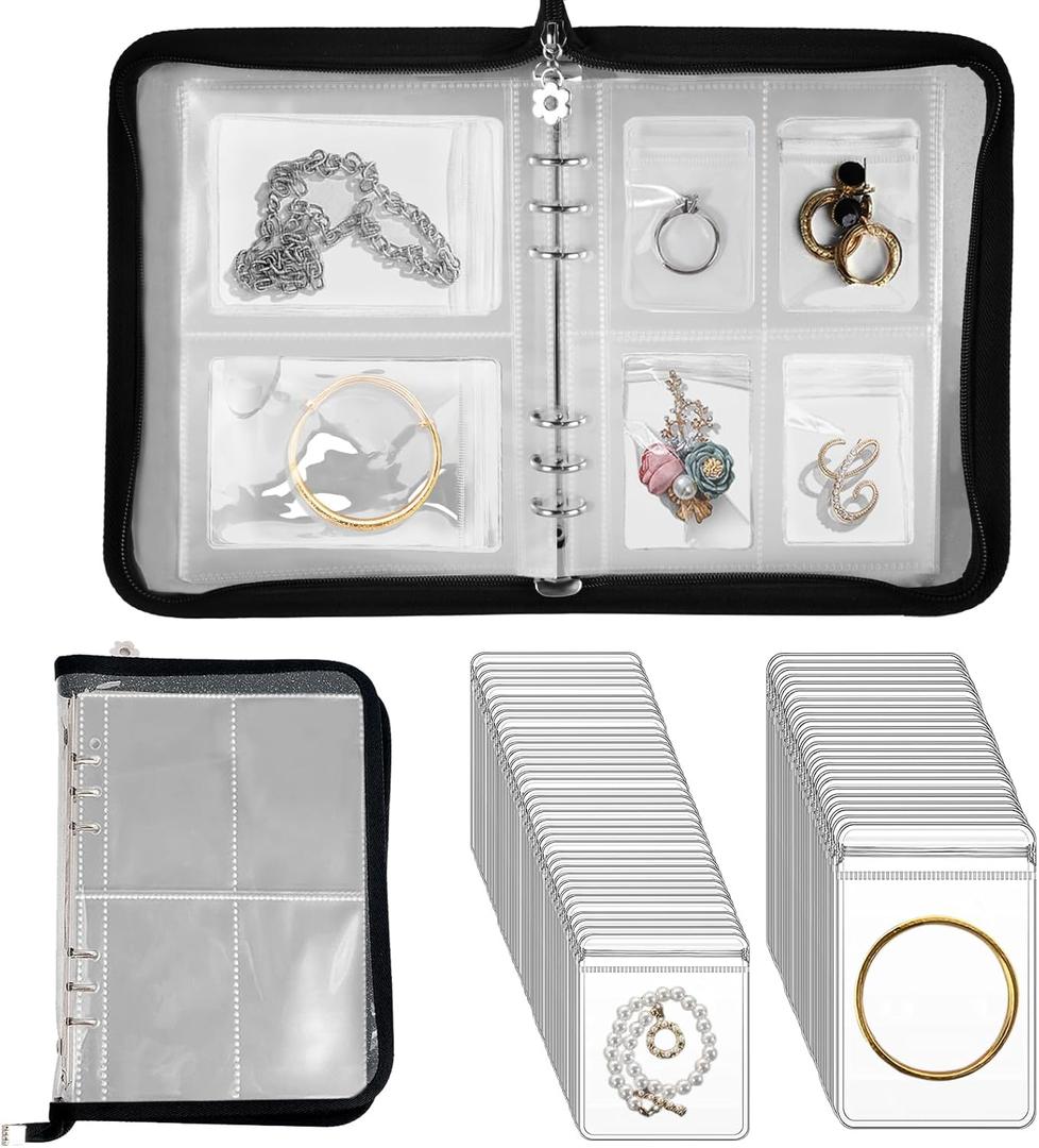 Travel Jewelry Organizer Transparent Jewelry Storage Book Set with Anti-oxidation Pocket Traveling Necklace Earring Organizer for Ring, Bracelets, Postcard (120 Grids +75 Thicken PVC Zipper Bags) (Black)