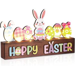 Gerrii Happy Easter Table Decoration Lighted Bunny Sign with Lights Wooden Bunny Easter Table Centerpiece for Home Indoor Lighting Room Office Party Tiered Tray Decorations He is Risen Supplies Rabbit