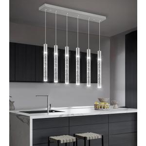 6 Lights Rectangular Crystal Pendant Lights for Kitchen Island LED Dimmable Light Modern Chandeliers Lighting Fixtures for Dining Room Bedroom Hanging Light Brushed Nickel