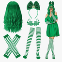 Geyoga 6 Pcs St. Patricks Day Costume Accessories Set Green Wigs for Women Clovers Glasses Shamrock Headbands Leprechaun Irish Thigh High Socks Sleeves