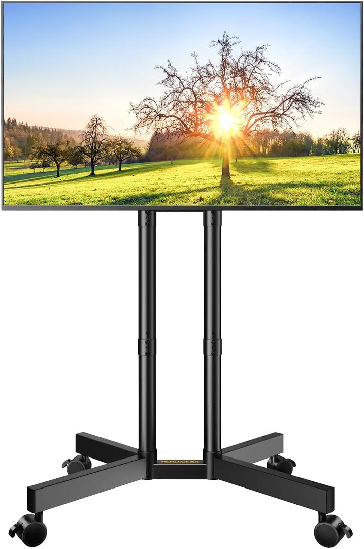 Perlegear Rolling TV Stand, Mobile TV Stand with Wheels for 32-75 inch TVs, Height Adjustable Mobile TV Cart with -15 to +5 Tilt, Rolling Cart for 4K TV Max VESA 400x400mm up to 88lbs, PGTVMC14