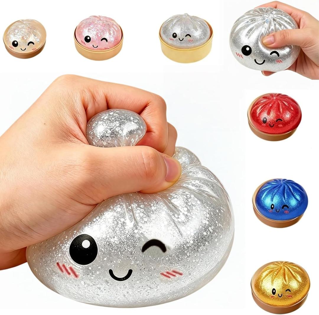 Dumpling Squishies, Glitter Dumpling Mystery Box, 2026 Upgraded Dumplings Stress Balls Fidget Sensory Balls, Squeeze Dough Ball Stress Relief Hand with Food Steamer, Relaxation Gift (Glitter Silver)