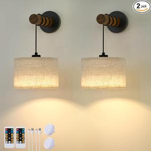 XSDeTu Battery Operated Wall Sconce with Remote, Rechargeable Battery Powered Wall Light, 3 Colors Dimmable Wall Mounted Lights, Adjustable Lamp for Bedroom Bedside, Wooden Arm, Fabric Shade, 2 Pcs