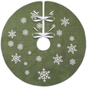 MACTING Christmas Small Tree Skirt, 30 Inch Green Burlap Tree Mat with White Snowflake Printed for 5FT Xmas Tree Farmhouse Holiday Party Indoor Home Decorations