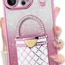 Kickstand for iPhone 16 Pro Case with Stand & Makeup Mirror - Cute Glitter Luxury Plating Edge Bumper for iPhone 16 Pro, Pink (6.3")