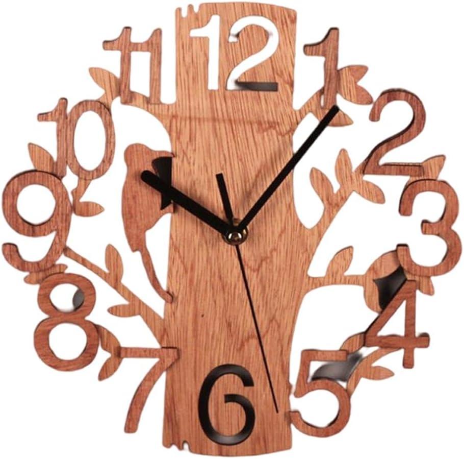 Wood Wall Clock, Tree Bird Round Wood Wall Clock Silent Non Ticking Clock Art Battery Operated Decorative Clock for Office Living Room Bedroom Decor, 23 x 23cm (Black)