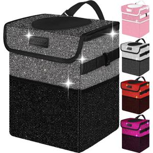 Cute Mini Car Trash Bag with Lid, Glitter Garbage Can Bin Hanging for Back/Front Seat/Console, Waterproof, Leakproof, 2.5 Gallon, Black Bling Sparkly