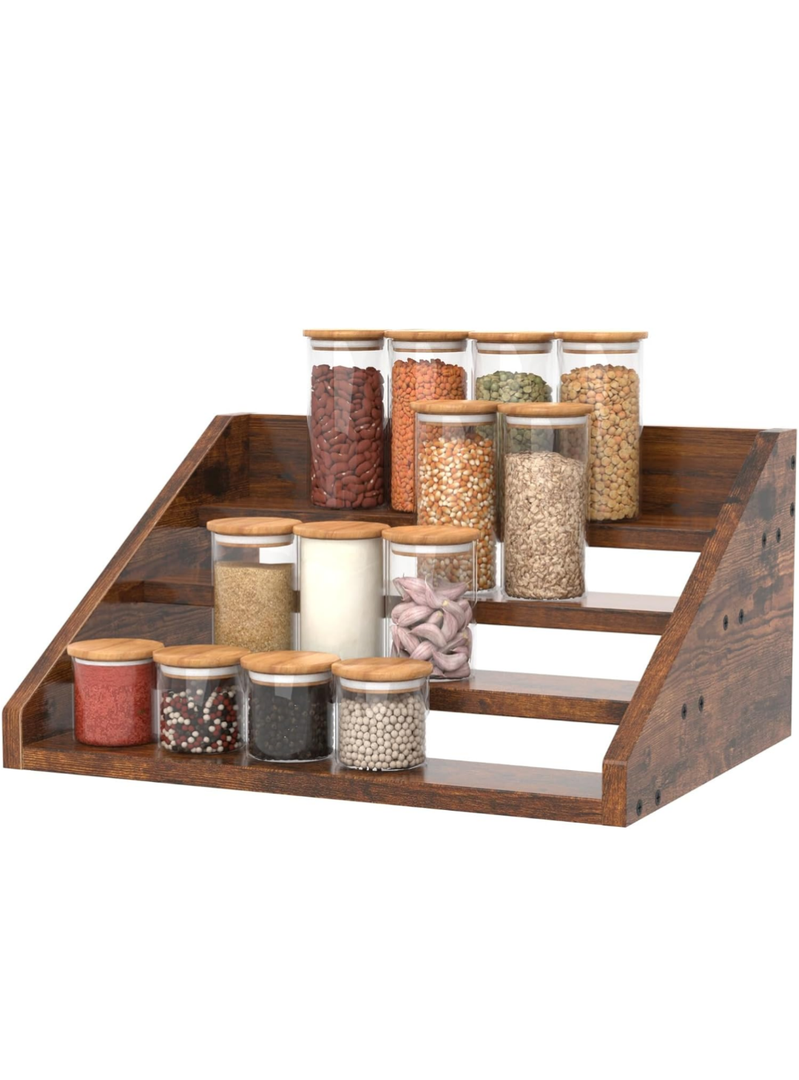 4 Step Spice Rack Organizer for Cabinet, Robust Wooden Display Riser Shelf Seasoning Organizer for Countertop Cupboard Pantry, Condiment Jar Kitchen Storage Holder Super Sturdy Stand, Rusitc Brown