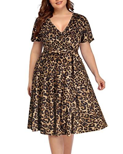 Lepord Print Dress Plus Size Wrap Midi Short Sleeve Casual Summer V-Neck Wedding Guest Maternity Knit Sun Dress Women Leopard 18W