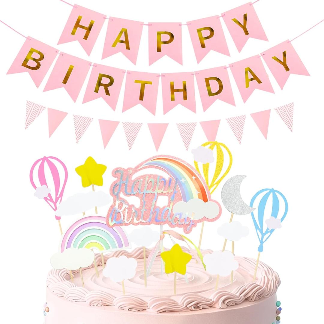 Rainbow Happy Birthday Cake Topper - 15Pcs Cloud and Star Hot Air Balloon Cake Decoration with Pink Happy Birthday Banners and Pennant for Baby Shower Birthday Party Cake Decor Supplies