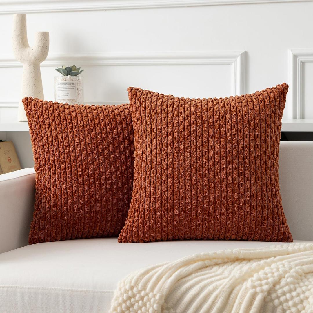 Kevin Textile Throw Pillow Covers Soft Corduroy Decorative Set of 2 Boho Striped Pillow Covers Pillowcases Farmhouse Home Decor for Couch Bed Sofa Living Room 20x20 Inch Rust Brown