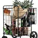Goplus Jumbo Folding Shopping Cart with Rolling Swivel Wheels, Foldable Grocery Cart on Wheels with Double Basket, Heavy Duty Utility Cart, Shopping Carts for Groceries Laundry Book Luggage Travel