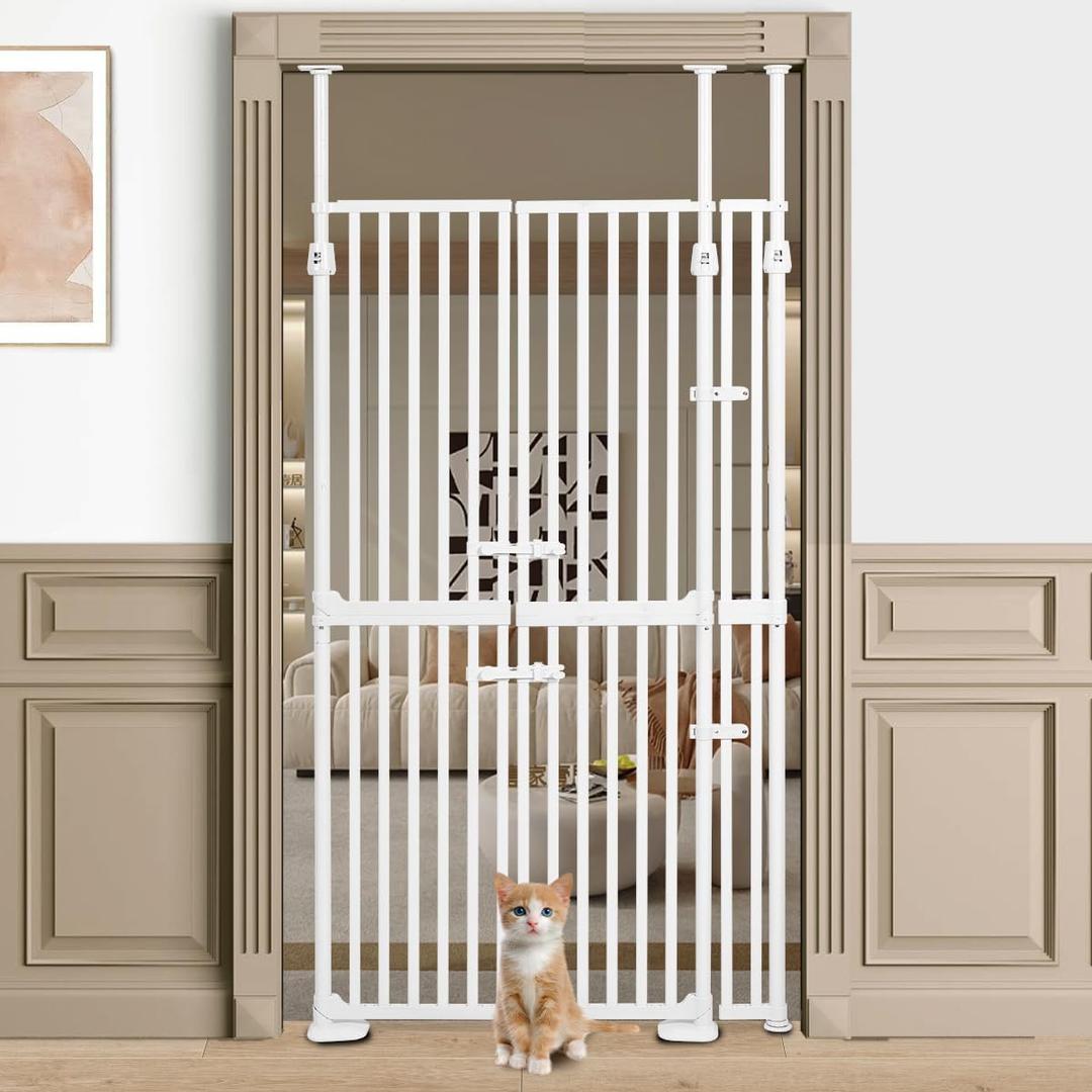 71" Extra Tall Cat Gate, Fits 30.31-38.27" Wide, 74.8-90.5" Height Opening, 1.34" Gap, No Drilling Pressure Mount Design, Innovation Double Opening Pet Gate