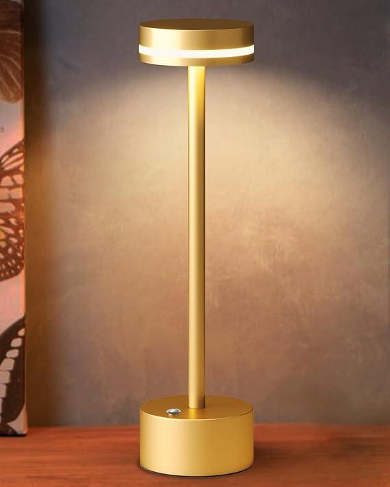 Battery, 3 Levels Brightness, USB-C Charging Port, 3000K Portable Metal Bedside Lamp (Gold)