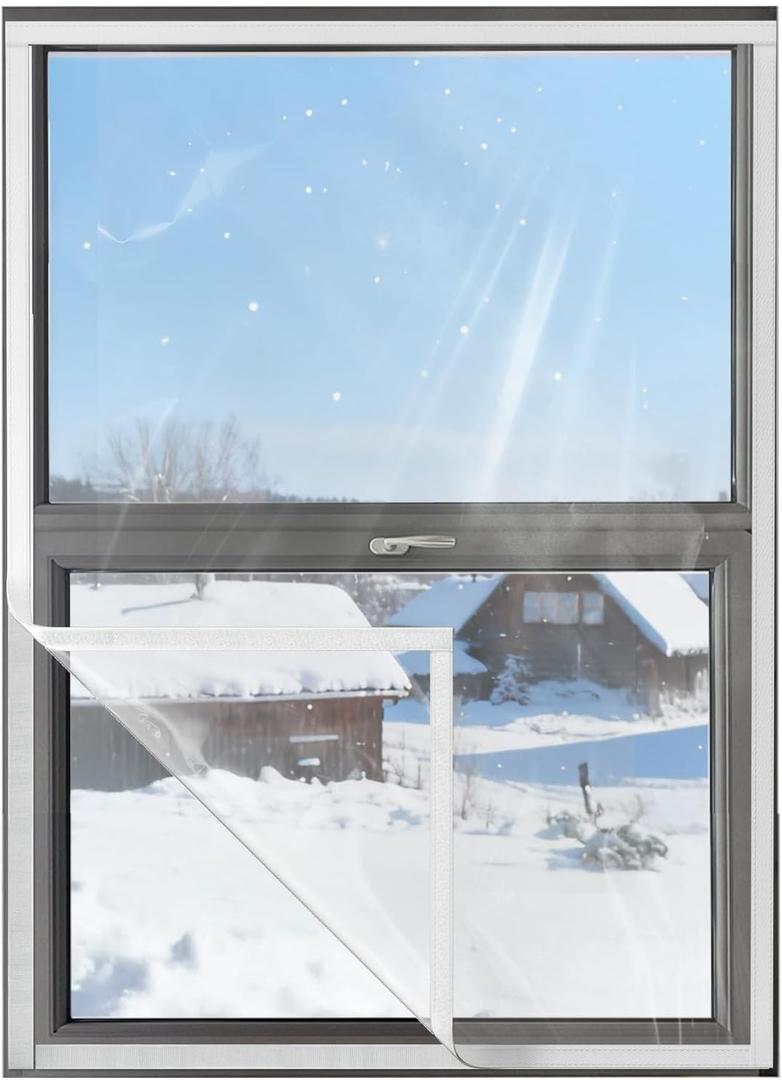 Ready-to-Install Plastic Window Insulation Film 39x63 (Fits 36x60 Windows), Reusable Clear Draft Protection Window Cover with Built-in Hook & Loop Edge, No Cutting or Messy Tape