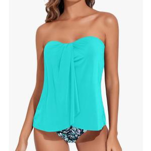 Tempt Me Two Piece Tankini Bathing Suits for Women Halter Bandeau Swim Top with Bottom Flyaway Tummy Control Swimsuit Color: Aqua Blue Floral, XL