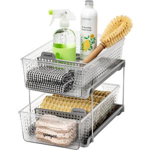 madesmart 2 Tier Organizer, Under Cabinet Storage with Pull Out Sliding Drawers, for Cleaning Supplies, Undersink, Sponges, Bottles & Bath, Adjustable Dividers & Pull Out Baskets, Grey