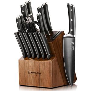 Knife Set, Emojoy 17-Piece Kitchen Knife Set with Heavy-Duty Acacia Block, Premium Titanium Stainless Steel Knife Block Set with Built-in Sharpener, Rust Proof