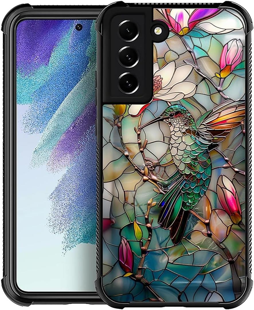 Compatible with Samsung Galaxy S22 Plus Mobile Case Creative Acrylic Back Panel Silicone Protection Grip Specially Designed for Samsung Galaxy S22 Plus 3D Stained Flower Looking Hummingbird