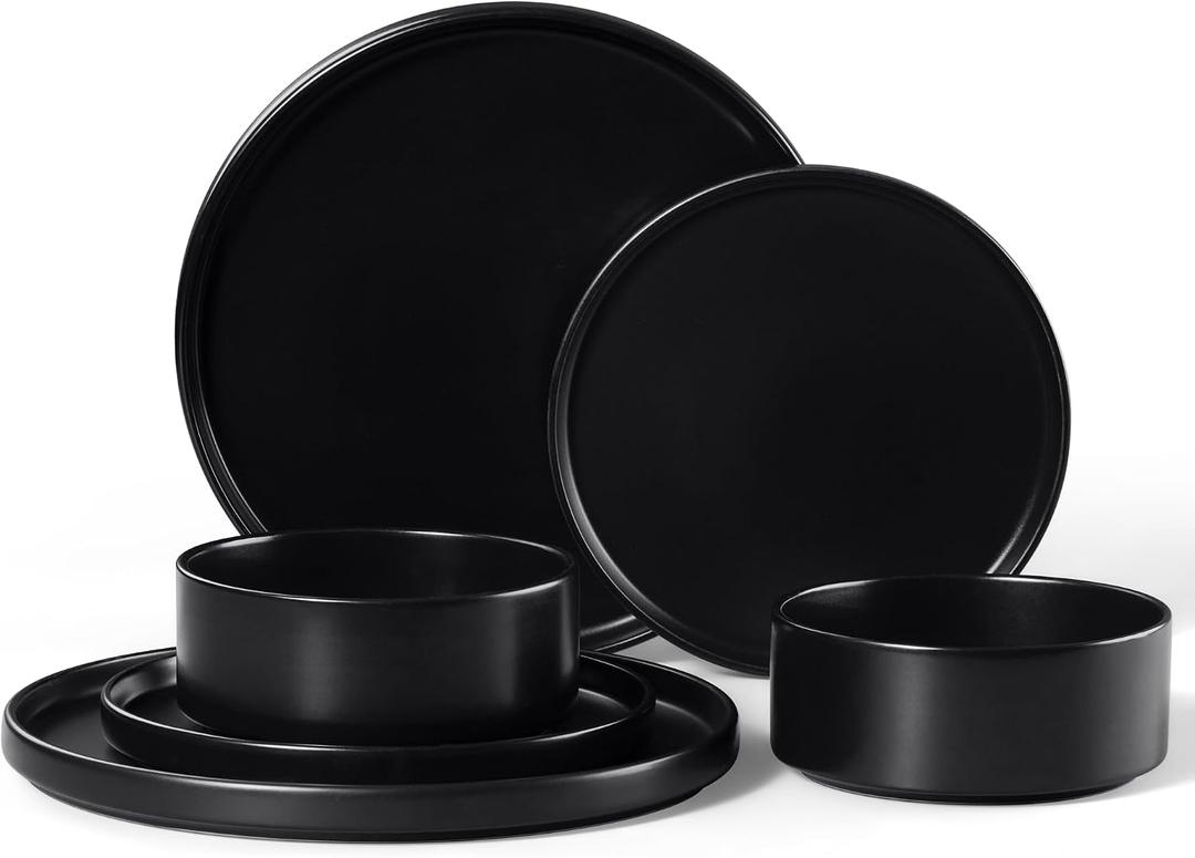 E-far 6-Piece Stoneware Dinnerware Sets, Black Plates and Bowls Set for 2, Kitchen Modern Dishes Set for Everyday & Formal, Chip and Scratch Resistant, Microwave & Dishwasher Safe, Matte Black