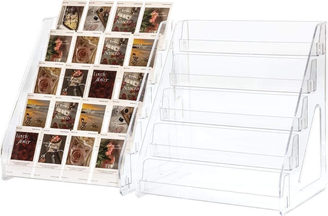 5 Tier Card Stand, 2 Pack Clear Card Display for Greeting Cards, Postcards, Stickers,Sports Cards,Trading Card,Tiered display rack,Retail Photos Shelf for Vendors Craft Collection Show (2Pack-5Tier)