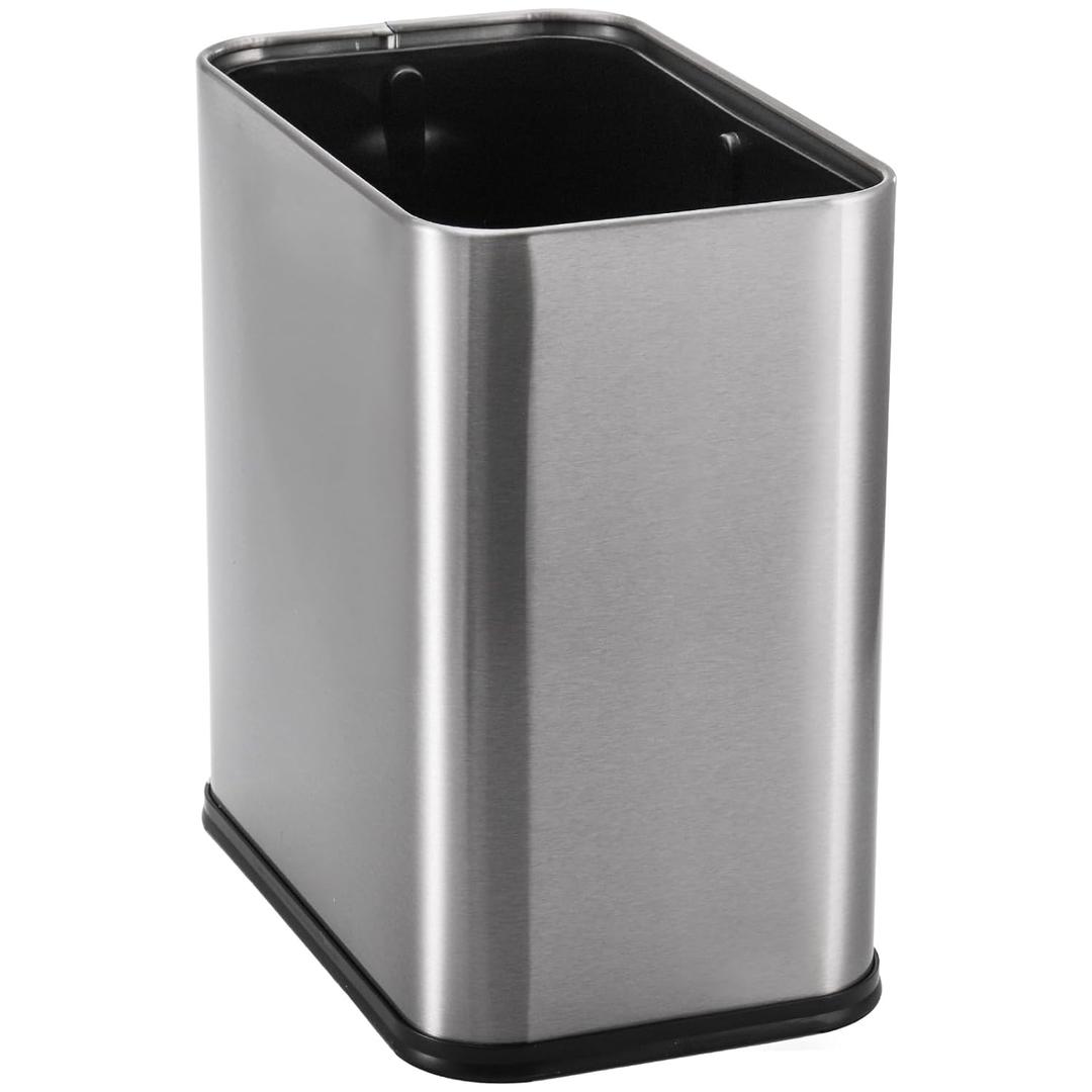 Coloch Small Metal Trash Can, 2.6 Gallon(10L) Slim Size Wastebasket for Narrow Spaces Stainless Steel Garbage Bin Silver Invisi-Overlap Open Top Rubbish Bin for Bedroom, Bedroom, Toilet, Undersink