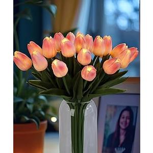 HOMESEASONS 20pcs Tulip Bouquet Lamp Artificial Flower Night Light Real Touch Tulip Night Lamp LED Flower Light Home Kitchen Decor(Pink)