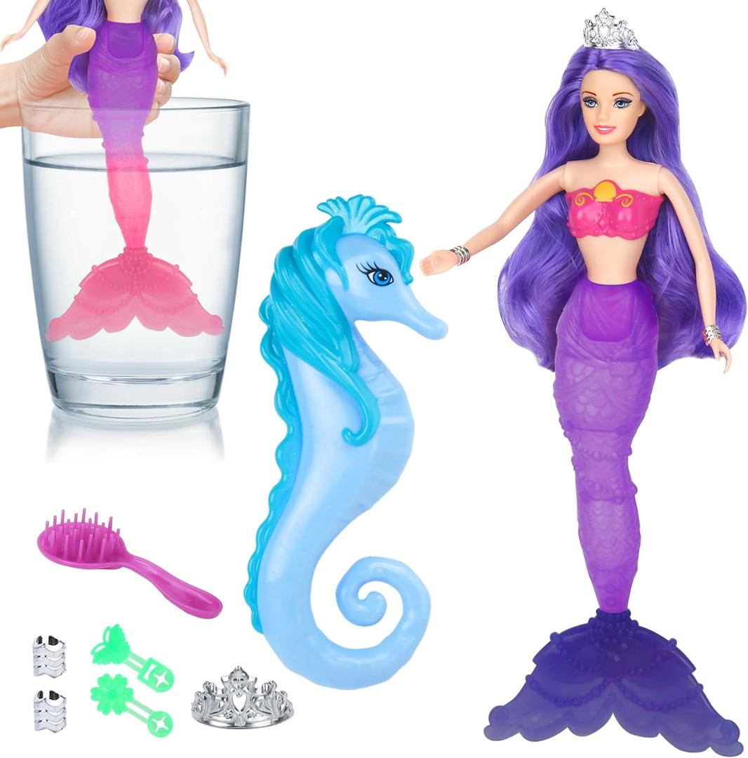 BETTINA Color Change Mermaid Doll Playset, Mermaid Princess Doll with Color-Changing Tail, Mermaid Toys with Seahorse & Accessories, Purple Hair