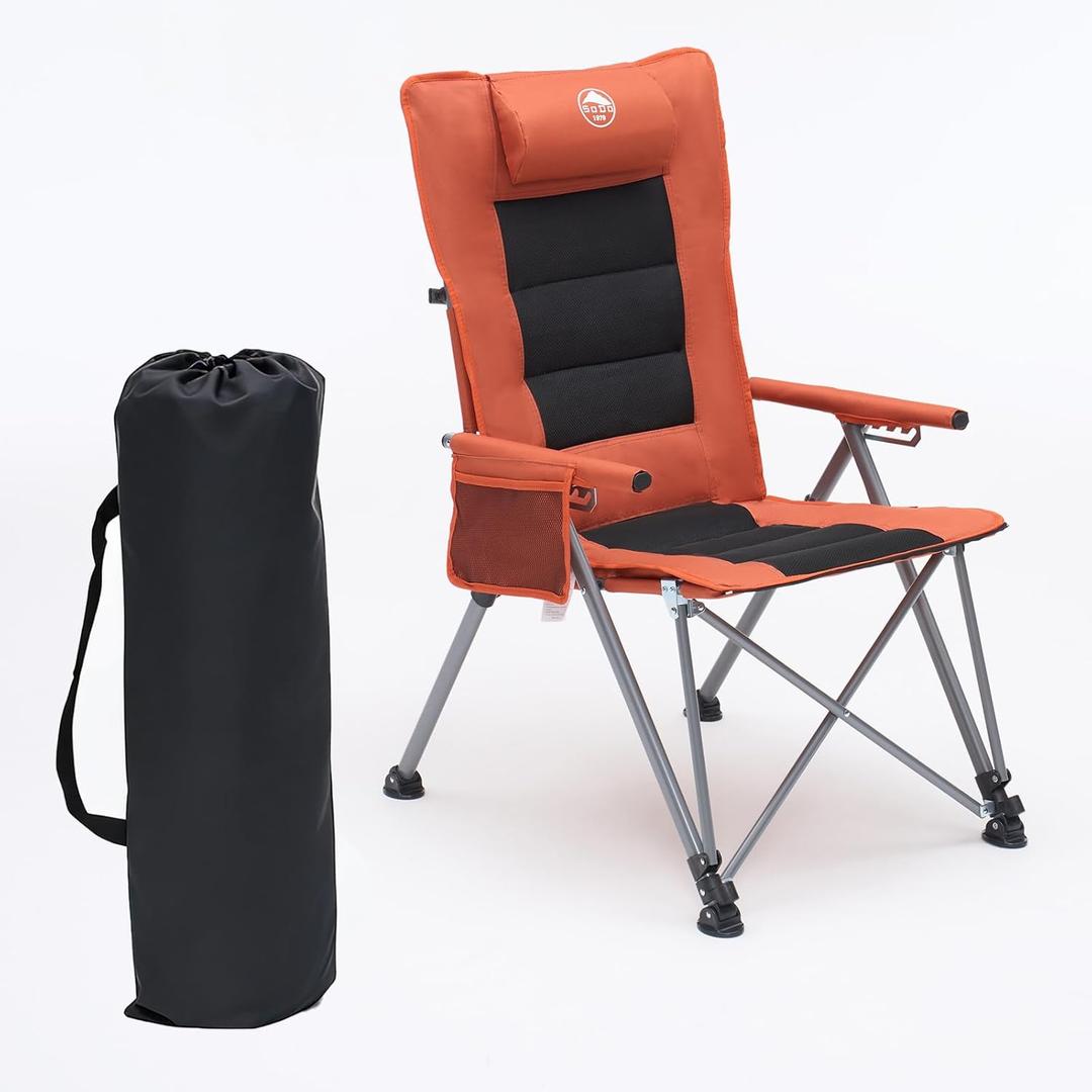 Folding Reclining Camping Chair with Footrest, 5-Position Adjustable Lounge Chair with Headrest & Cushion, Portable Heavy Duty Camping Chair for Outdoor, Beach, Patio, Office (Orange)