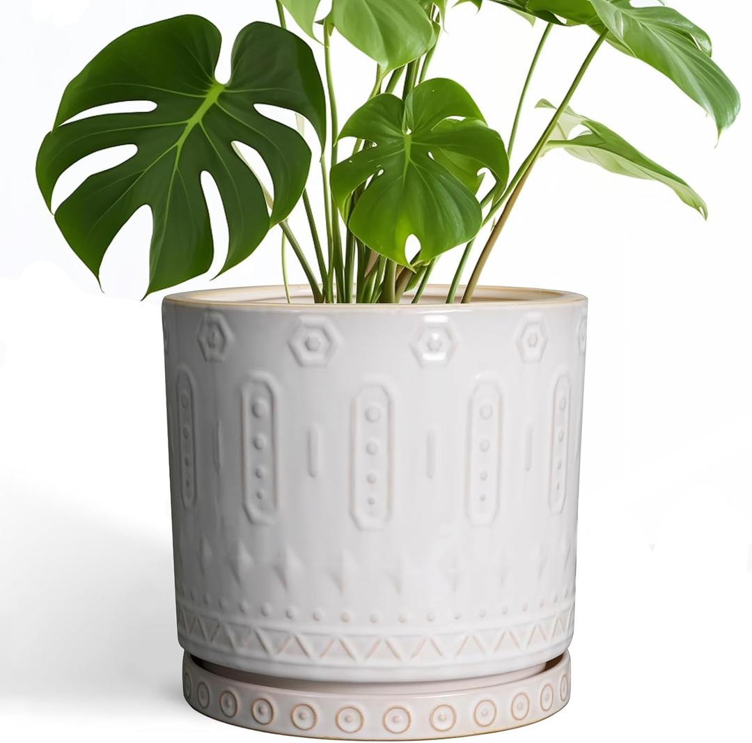 Eightpot Ceramic Planter Pot - 10 Inch Plant Pot for Indoor Outdoor Plants Round Large Flower Pot with Drainage Holes and Saucer for Home Garden Patio Decor White